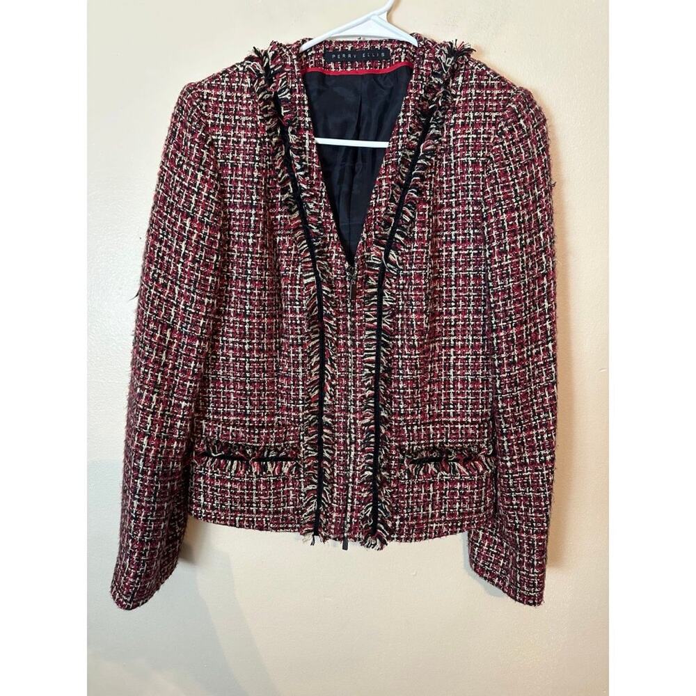 Perry Ellis Women's Tweed Zip V-Neck Blazer Jacket Size 8 Coat Red Black